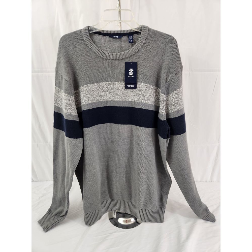IZOD Mens Woods Cove Chest Stripe Sweater Grey Navy Blue Crew Neck XL NEW